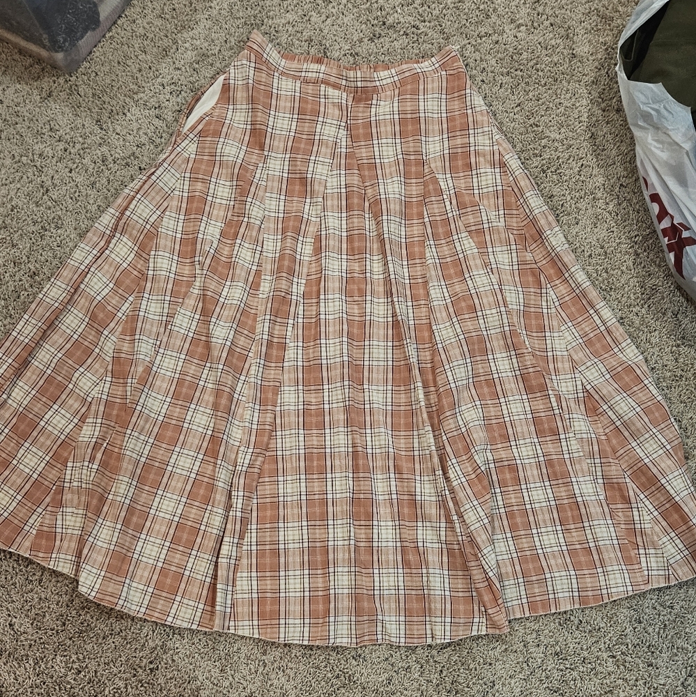 Plaid A-Line Skirt in Brown and Cream